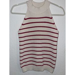 LOFT Women’s Sleeveless Mock Neck Sweater Ivory/ Red Metallic Stripes Size Small